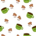 Seamless pattern: isolated cookies and coffee on a white background in flat vector style.